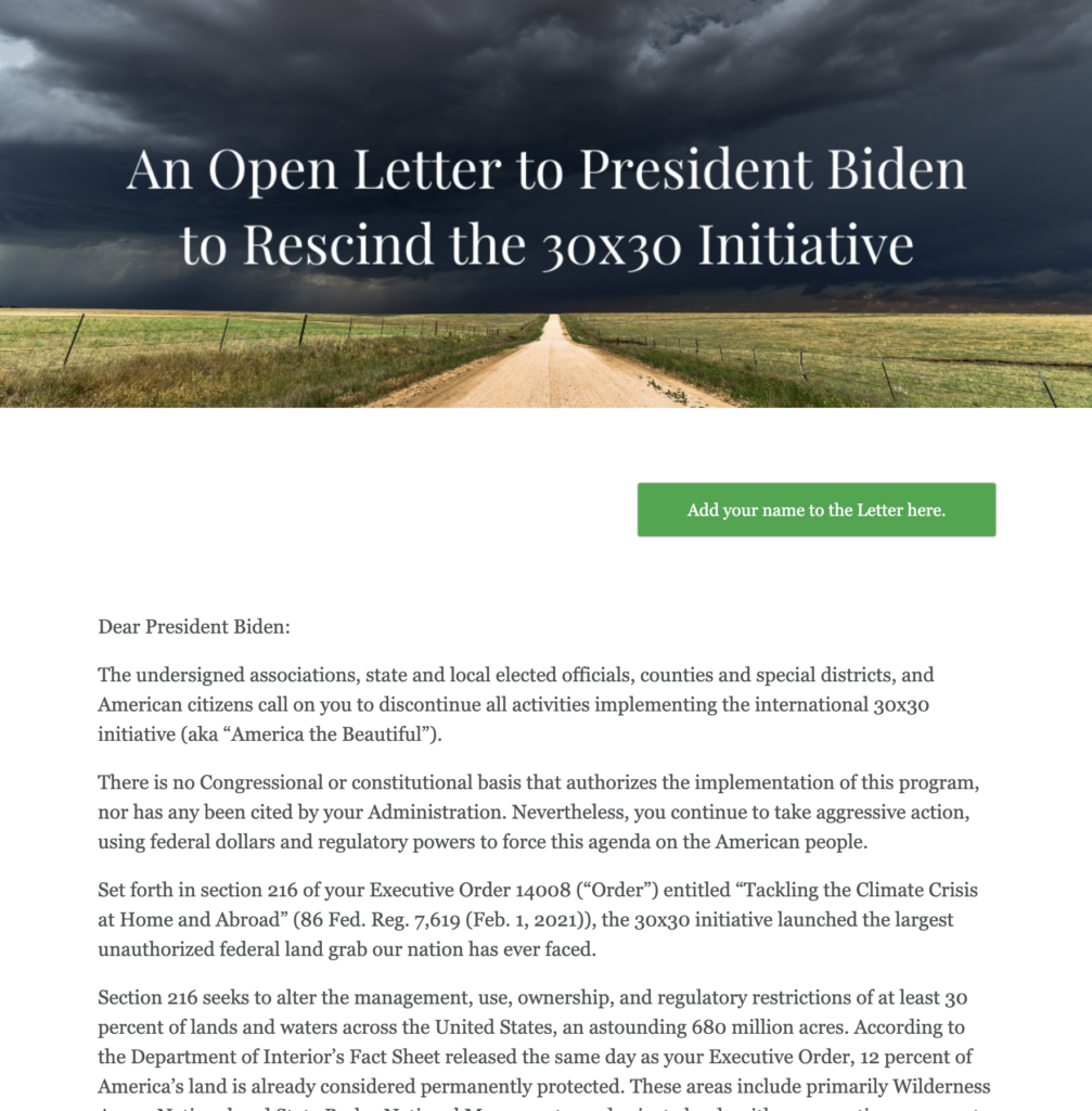 Open Letter to President Biden to Rescind 30x30